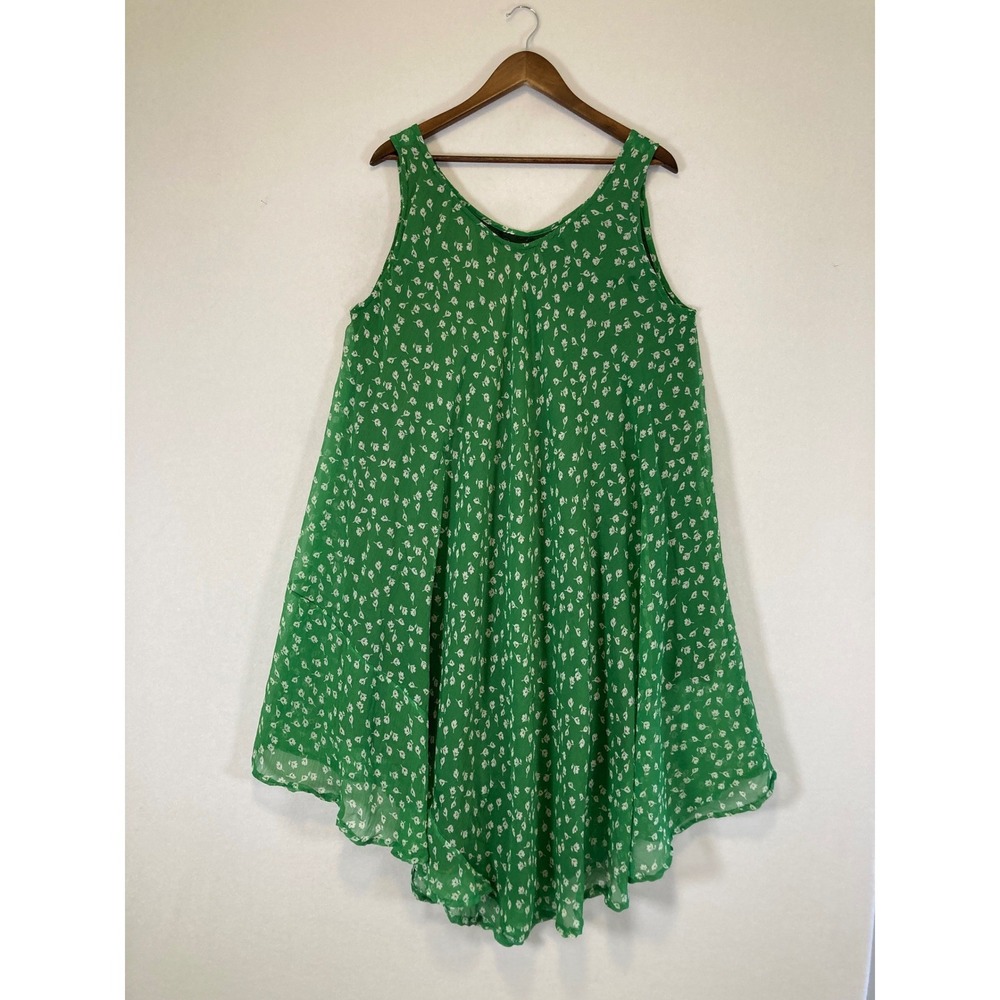 Boho Cottagecore Ana & Rose Women OS Plus Green Floral‎ Handkerchief Hem Dress